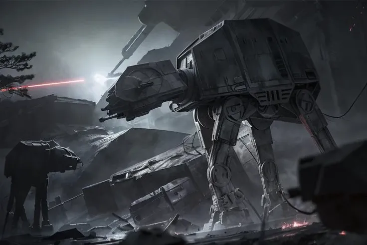 analog gloomy photo of a Star Wars (AT-AT robot, <lora:st4rw4ar54t4t:0.8>), (horror movie), ((nighttime)), (in a decayed dilapidated city at night), (explosions in the background), fire on the floor, shooting lasers, High Detail, Sharp focus, (photorealism:1.2), realistic, best quality, 8k, award winning, dramatic lighting, epic, cinematic, masterpiece, rim light, ambient fog:1.3, dutch angle, depth of field, volumetric lights,