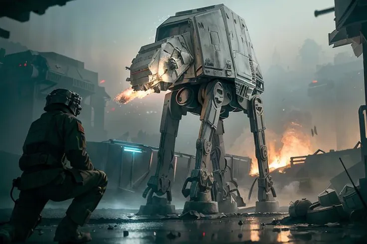 analog gloomy photo of a Star Wars (AT-AT robot, <lora:st4rw4ar54t4t:0.8>), (horror movie), ((nighttime)), (in a decayed dilapidated city at night), (explosions in the background), fire on the floor, shooting lasers, urban combat, soldiers, High Detail, Sharp focus, (photorealism:1.1), realistic, best quality, 8k, award winning, dramatic lighting, epic, cinematic, masterpiece, rim light, ambient fog:1.3, dutch angle, depth of field, volumetric lights,