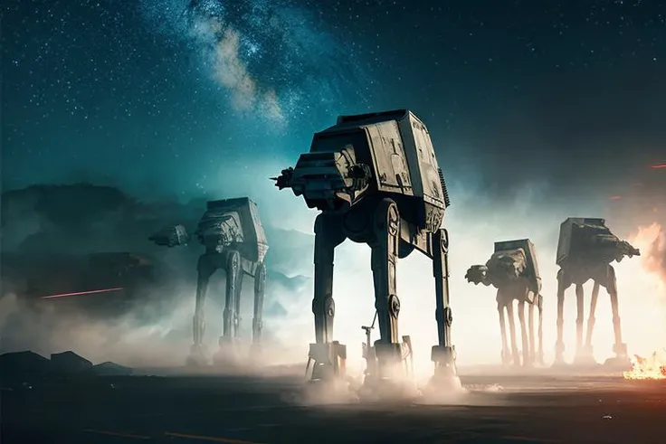 analog gloomy photo of a Star Wars (AT-AT robot, <lora:st4rw4ar54t4t:0.8>), (horror movie), ((nighttime)), (in a decayed dilapidated city at night), (explosions in the background), fire on the floor, shooting lasers, High Detail, Sharp focus, (photorealism:1.2), realistic, best quality, 8k, award winning, dramatic lighting, epic, cinematic, masterpiece, rim light, ambient fog:1.3, dutch angle, depth of field, volumetric lights,