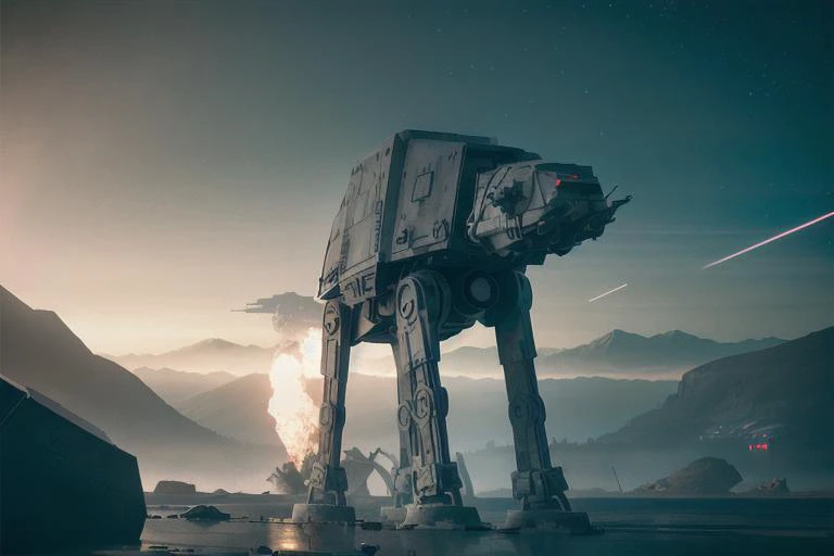 analog gloomy photo of a Star Wars (AT-AT robot, <lora:st4rw4ar54t4t:0.8>), (horror ), ((nighttime)), (in a decayed dilapidated city at night), (explosions in the background), fire on the floor, shooting lasers, High Detail, Sharp focus, (photorealism:1.2), realistic, best quality, 8k, award winning, dramatic lighting, epic, cinematic, masterpiece, rim light, ambient fog:1.3, dutch angle, depth of field, volumetric lights,