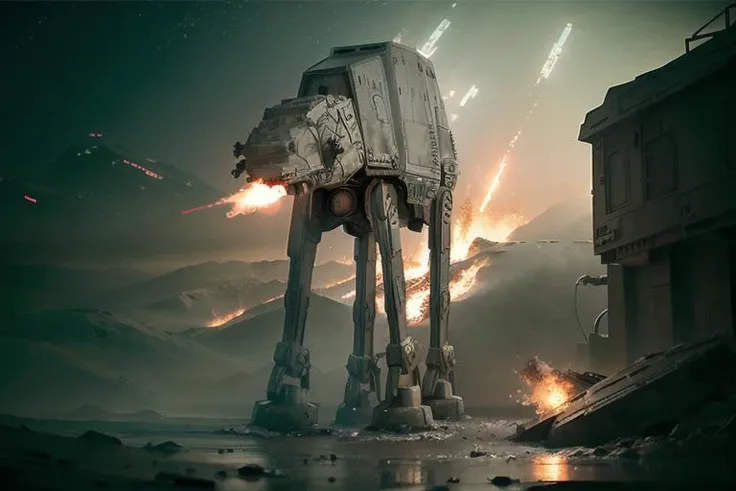 analog gloomy photo of a Star Wars (AT-AT robot, <lora:st4rw4ar54t4t:1>), (horror movie), ((nighttime)), (in a decayed dilapidated city at night), (explosions in the background), fire on the floor, shooting lasers, urban combat, soldiers, High Detail, Sharp focus, (photorealism), realistic, best quality, 8k, award winning, dramatic lighting, epic, cinematic, masterpiece, rim light, ambient fog:1.3, dutch angle, depth of field, volumetric lights,