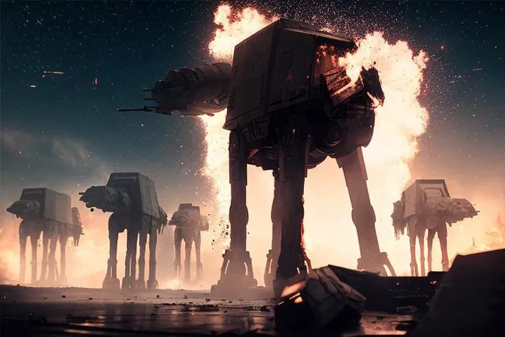 analog gloomy photo of a Star Wars (AT-AT robot, <lora:st4rw4ar54t4t:0.8>), (horror movie), ((nighttime)), (in a decayed dilapidated city at night), (explosions in the background), fire on the floor, shooting lasers, High Detail, Sharp focus, (photorealism:1.2), realistic, best quality, 8k, award winning, dramatic lighting, epic, cinematic, masterpiece, rim light, ambient fog:1.3, dutch angle, depth of field, volumetric lights,