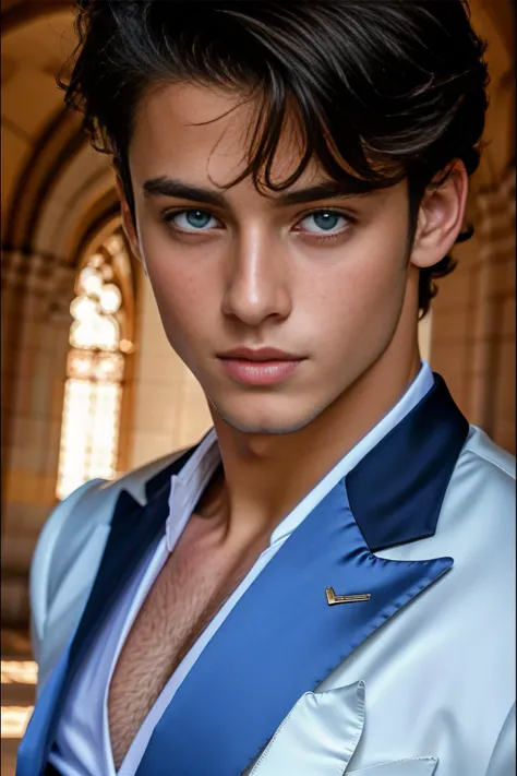 <lora:Aiden_GV_2.0:1> 1boy, abs, athletic, beautiful, twink, beautiful boy, vivid black hair, pale blue eyes, portrait, fancy clothes