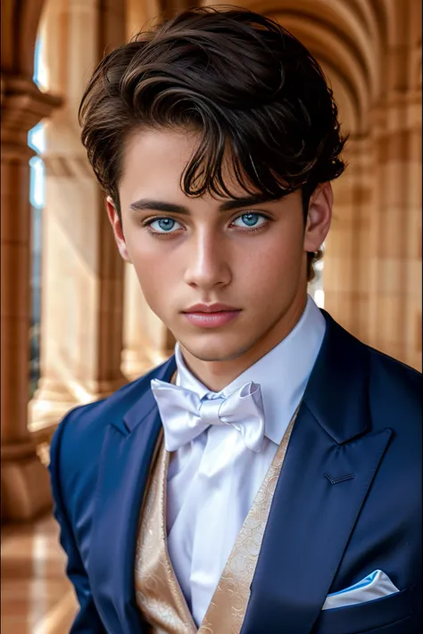 <lora:Aiden_GV_2.0:1> 1boy, abs, athletic, beautiful, twink, beautiful boy, vivid black hair, pale blue eyes, portrait, fancy clothes