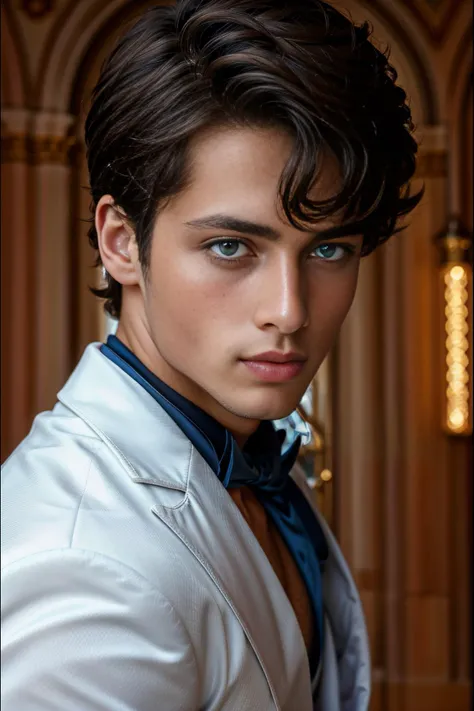 <lora:Aiden_GV_2.0:1> 1boy, abs, athletic, beautiful, twink, beautiful boy, vivid black hair, pale blue eyes, portrait, fancy clothes
