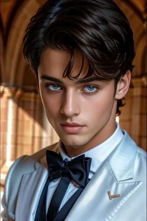 <lora:Aiden_GV_2.0:1> 1boy, abs, athletic, beautiful, twink, beautiful boy, vivid black hair, pale blue eyes, portrait, fancy clothes