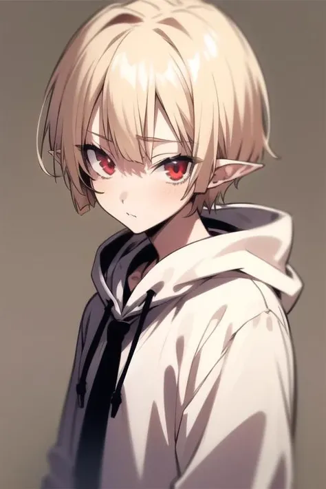 masterpiece, best quality, high quality, 1boy, solo, male focus, looking at viewer, upper body, <lora:gasper_vladi:0.76>, gasper_vladi, pointy ears, blonde hair, red eyes, , hoodie
