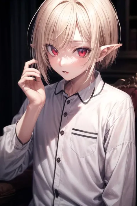 masterpiece, best quality, high quality, 1boy, solo, male focus, looking at viewer, upper body, <lora:gasper_vladi:0.60>, gasper_vladi, pointy ears, blonde hair, red eyes, , pajamas