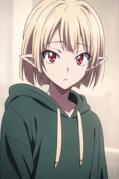 masterpiece, best quality, high quality, 1boy, solo, male focus, looking at viewer, upper body, <lora:gasper_vladi:0.84>, gasper_vladi, pointy ears, blonde hair, red eyes, , hoodie