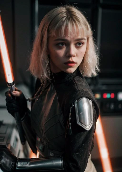 (masterpiece, best quality), star wars city, dark, city, 1girl, solo, ShinHati, single braid, side braid, <lora:ShinHati_V1-Manityro-dadapt:1>, holding orange lightsaber, ((close up)), dark eye shadow, dark eyeliner