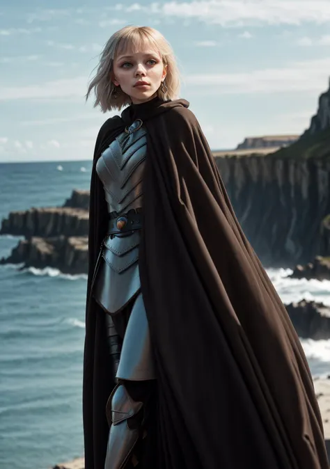 Gorgeous, thin, (dark eyeliner, eye pencil), serious expression, (alone), Shinhati, (bangs), ivannaSak1, grey eyes, cloak, robe, breastplate (brown shirt), (vambraces), black gloves, belt, breathtaking seaside cliff setting, masterpiece, extreme details, ((bright bokeh, 35mm, Canon 5D))  <lora:ShinHati_V1-Manityro-dadapt:0.8>