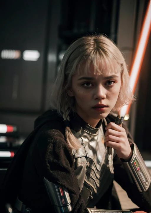 (masterpiece, best quality), star wars city, dark, city, 1girl, solo, ShinHati, single braid, side braid, <lora:ShinHati_V1-Manityro-dadapt:1>, holding orange lightsaber, ((close up)), dark eye shadow, dark eyeliner