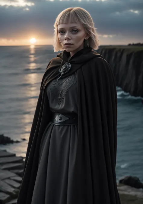 Gorgeous, thin, (dark eyeliner, eye pencil), serious expression, (alone), Shinhati, (bangs), ivannaSak1, [single braid, side braid], grey eyes, cloak, robe, brown shirt, (vambraces), black gloves, belt, breathtaking seaside cliff setting, dark and stormy night, masterpiece, extreme details, ((bright bokeh, 35mm, Canon 5D))  <lora:ShinHati_V1-Manityro-dadapt:0.8> <lora:LowRA:0.6>