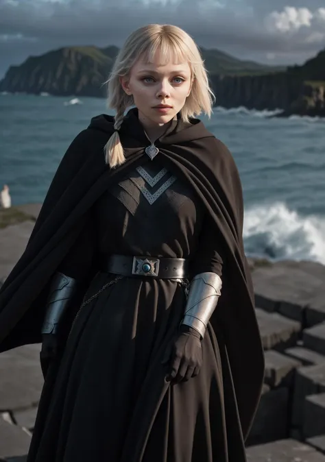 Gorgeous, thin, (dark eyeliner, eye pencil), serious expression, (alone), Shinhati, (bangs), ivannaSak1, single braid, side braid, grey eyes, cloak, robe, chrome chest guard (brown shirt), (vambraces), black gloves, belt, breathtaking seaside cliff setting, dark and stormy night, masterpiece, extreme details, ((bright bokeh, 35mm, Canon 5D))  <lora:ShinHati_V1-Manityro-dadapt:0.8> <lora:LowRA:0.6>