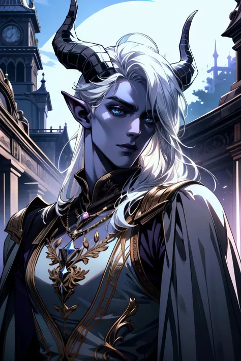 ((ultra detailed, masterpiece, absurdres))
BGMyDreamBoy, 1boy, solo, purple skin, blue eyes, white hair, demon horns, cowboy shot