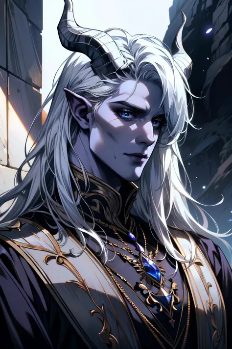 ((ultra detailed, masterpiece, absurdres))
BGMyDreamBoy, 1boy, solo, purple skin, blue eyes, white hair, demon horns, cowboy shot