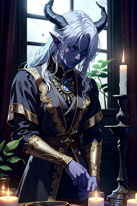 ((ultra detailed, masterpiece, absurdres))
BGMyDreamBoy, 1boy, solo, purple skin, blue eyes, white hair, demon horns, A dreamy cloud backdrop, giving the illusion of being in the sky