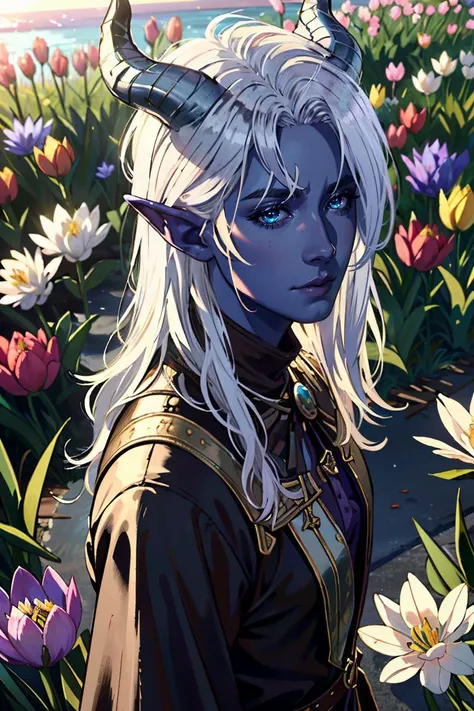((ultra detailed, masterpiece, absurdres))
BGMyDreamBoy, 1boy, solo, purple skin, blue eyes, white hair, demon horns, A tranquil, moonlit lily pond