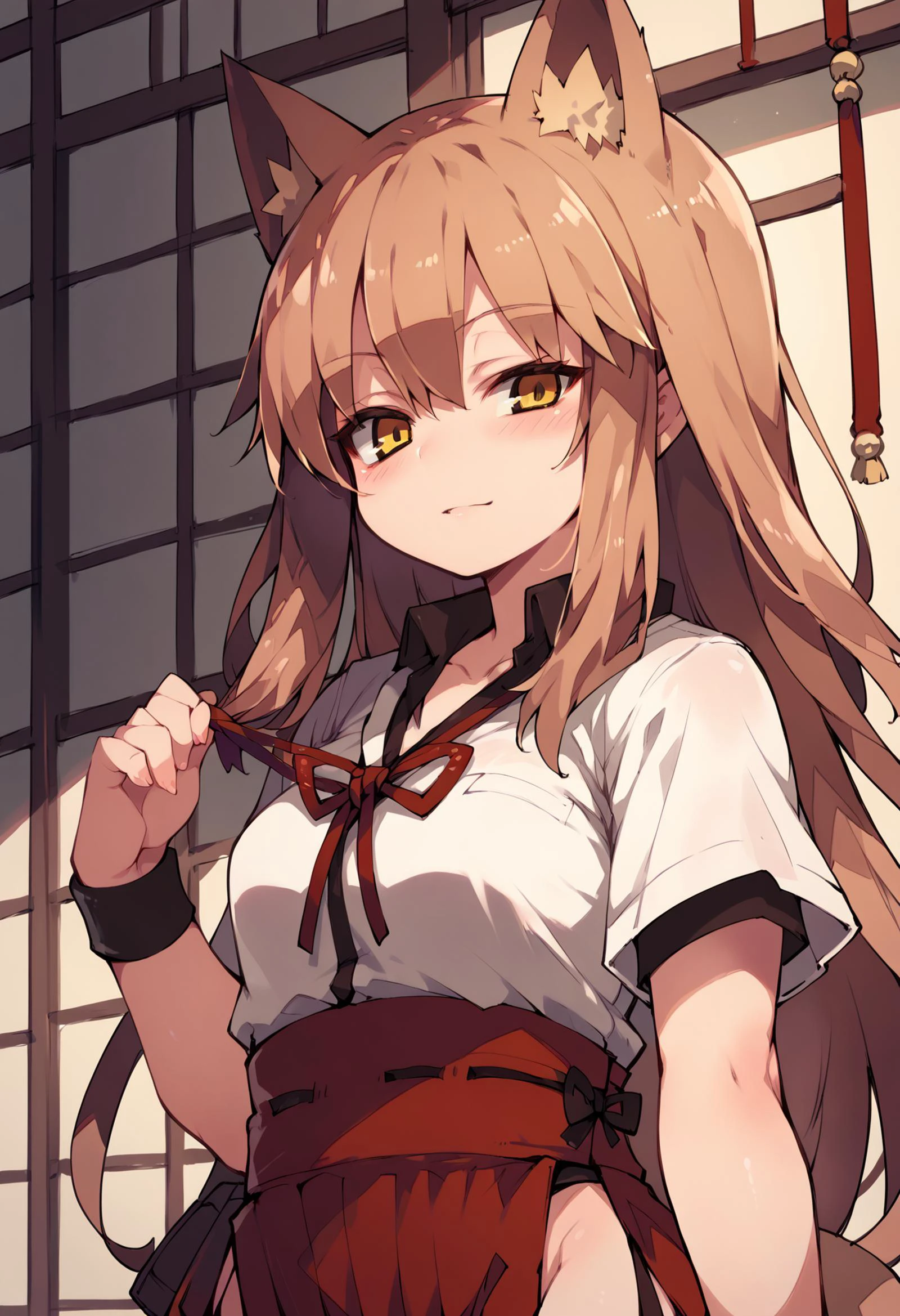 <lora:PONY-ç»-zankuro:0.8> ,score_9, score_8_up, score_7_up, score_6_up, 1girl, solo, <lora:PONY-人-é鹿御å:0.8>,fox ears, fox tail, yellow eyes, brown hair, long hair, miko, japanese clothes, ribbon, white shirt, short sleeves, miniskirt, side slit, wristband,looking at viewer,, uncensored,<lora:add-detail-xl:1>,