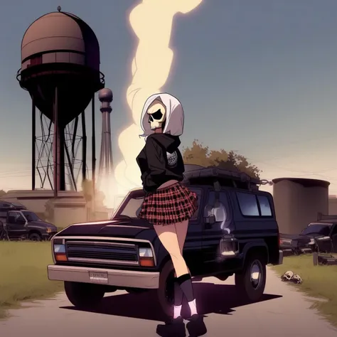 plaid skirt, skull hair ornament, water tower, can, school girl skirt, outdoors, on back, sleeping, black shirt, hoodie, jacket, firing, truck, vehicle focus, medium breasts, glass, gun, black sclera