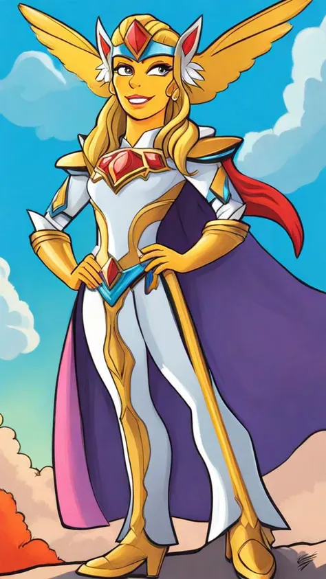 A vibrant full body oil painting of She-Ra simpstyle, Very detailed, clean, high quality, sharp image  <lora:SDXL-Simpstyle-Lora-v2-r16:0.8>