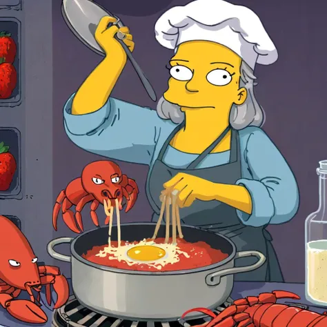 analog photograph of a old woman cooking lobster (rotten strawberry, fried egg) spaghetti on a rustic kitcken, spoon, knife, dish, pan, on the wall at the background in simpstyle <lora:SDXL-simpstyle-Lora:0.9>,, concept art. digital artwork, illustrative, painterly, matte painting, highly detailed