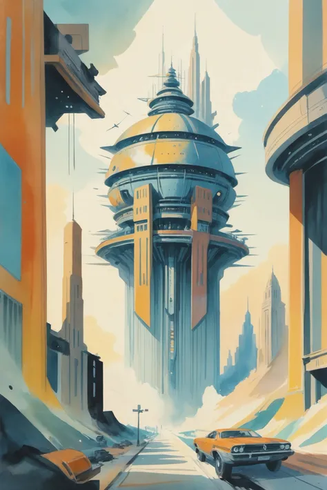 rough retrofuturism watercolor, data archive in a Seraphic scifi megacity outside of the universe, masterpiece<lora:EnvyStarlightAnimeWatercolor03:1.25>