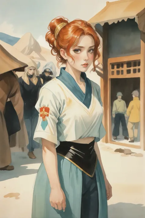 rough military watercolor, 1girl, woman, hell knight, copper hair with gold highlights, half updo, (full body:1), [:revealing costume design:0.2], bombshell hair, brown hair, curly hair, soft body, wide hips, narrow waist, small breasts, japanese, ghostly fantasy town in a Polar Desert<lora:EnvyStarlightAnimeWatercolor03:1.25>
