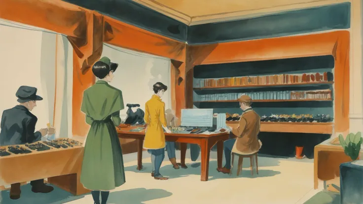 rough dieselpunk anime watercolor, Black Market Bazaar for Illegal Tech \(room\) in a angelic fantasy arcology beyond the beginning of time<lora:EnvyStarlightAnimeWatercolor03:1.25>