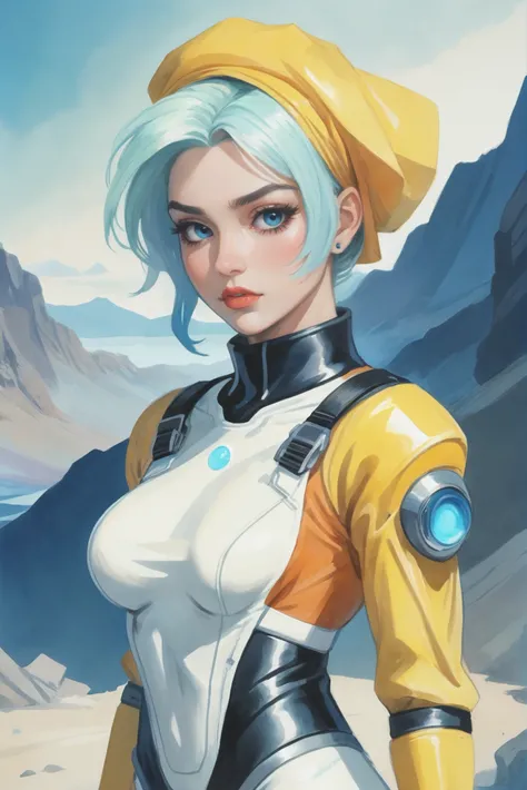 rough greek mythology anime watercolor digital painting, professional pigments, 1girl, woman, scifi, cyberpunk,retro-futuristic,far future, voidmistress, full body, wearing skin-tight space suit, bombshell hair, shiny color:white and ultraviolet hair, Choppy Layers, hourglass figure, caucasian, Hematite Highlands<lora:EnvyStarlightAnimeWatercolor03:1.25>
