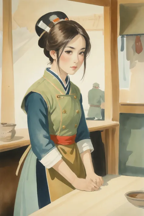 rough military watercolor, natural sunlight, interior, in a Asian Girl tavern<lora:EnvyStarlightAnimeWatercolor03:1.25>
