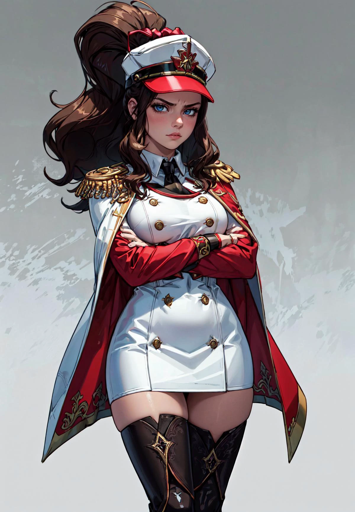 (masterpiece:1.2), (best quality:1.2), sharp focus, (8k), beautiful, high quality, (highres:1.1), detailed, extremely detailed 4K, extremely detailed, intricate, hyper detailed, illustration, soft lighting, , high resolution, sharp detail, perfect lighting, <lora:tool_addDetail:0.25>,
perfect face, (1girl, solo, adult female, mature female), (realistic skin texture),
<lora:character_hildaPokemon_GoofyAI:1.0> hilda pokemon, long hair, brown hair, (muscular:1.1), (biceps:1.1),(narrow waist:1.1), high ponytail, baseball cap,
stern face, serious face, crossed arms, underbust, frown, looking at viewer, large breasts,
<lora:concept_changeACharacter_AnimeOfficer:0.8> OfficerA, pencil dress, tight clothes, double breasted jacket, epaulets, military medals, necktie, cape, ornate military uniform, thigh muscles, (leg muscles:1.2), thigh boots, knees, standing with legs apart, tassels,