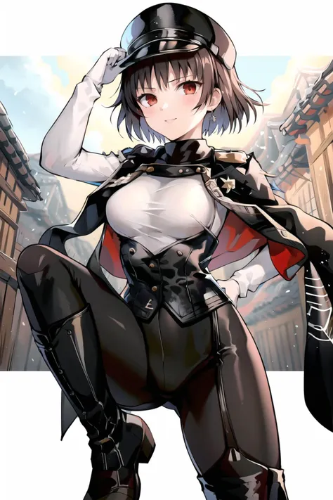 1girl, <lora:AnimeOfficer-16:0.8>, OfficerA, military uniform, boots, pants, tight, jacket, hat, <lora:v4Makoto-14:0.9>, MakotoP5