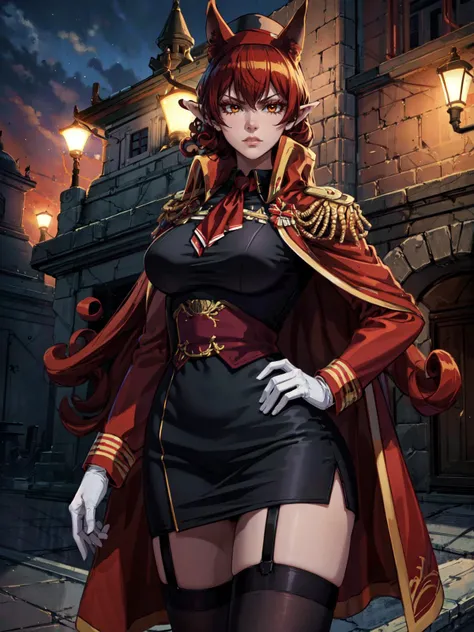 (masterpiece:1.2), (best quality:1.2), sharp focus, (8k), beautiful, high quality, (highres:1.1), detailed, extremely detailed 4K, extremely detailed, intricate, hyper detailed, illustration, soft lighting, , high resolution, sharp detail, perfect lighting, <lora:tool_addDetail:0.25>,
perfect eyes, perfect face, (1girl, duo, adult female, mature female), (realistic skin texture),
 <lora:character_azazelAmeri:0.7> AzazelAmeri, red hair, (very long hair:1.25), (curly hair:1.5), orange eyes, pointy ears, animal ears, red animal ears poking through hat, 
looking at viewer, serious face, stern face, [angry], standing with one hand on hip, large breasts,
 <lora:concept_changeACharacter_AnimeOfficer:0.8> OfficerA, tight clothes, military uniform, (black OfficerA hat:1.1), (black hat), cravat, double breasts jacket, black cape, epaulets, pencil dress, stockings, thigh muscles, leg muscles, skindentation, (orange red and black outfit:1.2), garter straps, military medals, buttons, gloves, underbust, tassels, black and red buttoned pencil dress,
