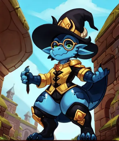 Blue scales, ((gold scaled right arm, blue clawed right hand, gold scaled left leg, blue clawed left foot)), kobold mage, channeling magic, 1 girl, pointed hat, horns through hat, black military witch clothing with royal blue trim, Shortstack, countershade, female, gynomorph, solo, sorceress, fantasy setting, navy blue and gold ombre skin, thick thighs, (clawed feet, 3 toes, scutes, scales), Rating: safe, masterpiece, best quality, hi res, high res, detailed background, glasses, <lora:style-seraziel-v5.4_NAI:.55>, <lora:Musctonk:.75>, green eyes, <lyco:AnimeOfficer:1.0>