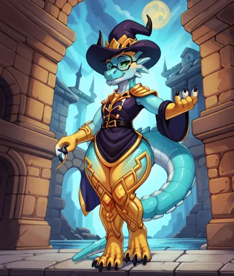 Blue scales, ((gold scaled right arm, blue clawed right hand, gold scaled left leg, blue clawed left foot)), kobold mage, channeling magic, 1 girl, pointed hat, horns through hat, black military witch clothing with royal blue trim, Shortstack, countershade, female, gynomorph, solo, sorceress, fantasy setting, navy blue and gold ombre skin, thick thighs, (clawed feet, 3 toes, scutes, scales), Rating: safe, masterpiece, best quality, hi res, high res, detailed background, glasses, <lora:style-seraziel-v5.4_NAI:.55>, <lora:GachaSplash4:.85>, <lora:Musctonk:.75>, green eyes, <lyco:AnimeOfficer:1.0>