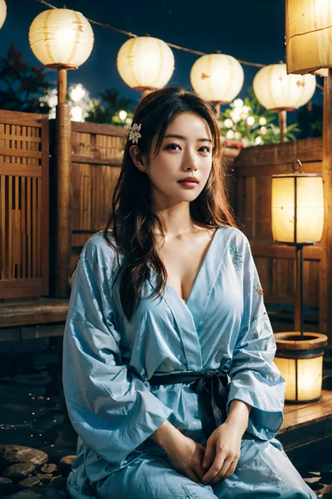 (4k, best quality, ultra high res, masterpiece:1.21), (realistic:1.21), detailed and intricate, (authentic skin texture:1.3),
1girl, animal_ear_fluff, animal_ears, long_hair, black_hair, blush, collarbone,
hair flower, hair ornament, kimono bathrobe,
sitting, soaking feet, steam, water,
wooden_bucket, aerial_fireworks, apple, fireworks, fruit, food,
starry sky, onsen, lantern, paper lanterns, light particles, shooting star, city_lights, night, night_sky,
pov, upper body,
<lora:add_detail:0.3>, <lora:satomi_v1.0:0.7>
