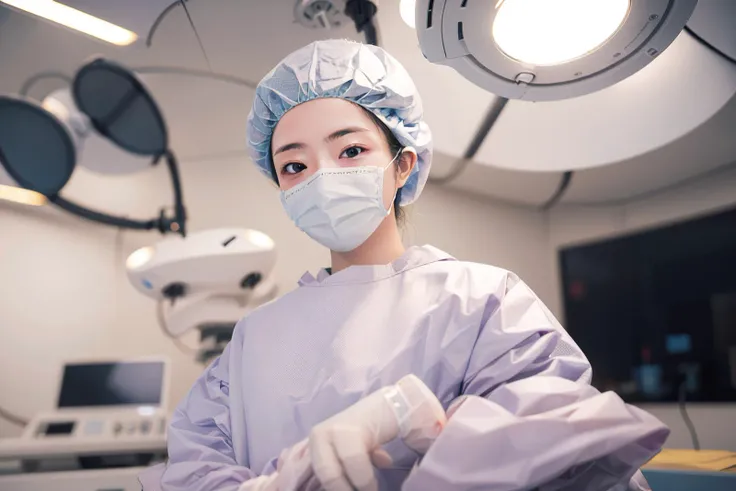 (RAW photo, best quality), 1girl, long sleeve surgical outfit, surgical mask, surgical gloves, surgical cap, operating room, overhead surgical light, dslr, blurred background, focused
<lora:concept_surgery_cap_v2_1:1> surgery_cap,
detailed face, portrait, <lora:satomi_v2.0:0.75>