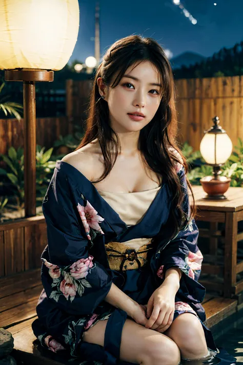 (4k, best quality, ultra high res, masterpiece:1.21), (realistic:1.21), detailed and intricate, (authentic skin texture:1.3),
1girl, animal_ear_fluff, animal_ears, long_hair, black_hair, blush, collarbone,
hair flower, hair ornament, kimono bathrobe,
sitting, soaking feet, steam, water,
wooden_bucket, aerial_fireworks, apple, fireworks, fruit, food,
starry sky, onsen, lantern, paper lanterns, light particles, shooting star, city_lights, night, night_sky,
pov, upper body,
<lora:add_detail:0.3>, <lora:satomi_v1.0:0.7>