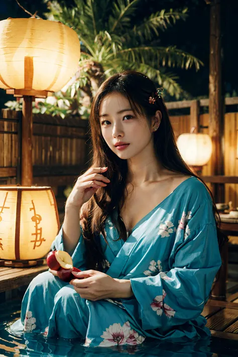 (4k, best quality, ultra high res, masterpiece:1.21), (realistic:1.21), detailed and intricate, (authentic skin texture:1.3),
1girl, animal_ear_fluff, animal_ears, long_hair, black_hair, blush, collarbone,
hair flower, hair ornament, kimono bathrobe,
sitting, soaking feet, steam, water,
wooden_bucket, aerial_fireworks, apple, fireworks, fruit, food,
starry sky, onsen, lantern, paper lanterns, light particles, shooting star, city_lights, night, night_sky,
pov, upper body,
<lora:add_detail:0.3>, <lora:satomi_v1.0:0.7>