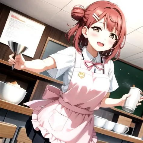 <lora:AyumuUehara-03:0.7>. LLayumu, looking at viewer, blush, smile, open mouth, skirt, shirt, hair ornament, bow, school uniform, white shirt, short sleeves, pleated skirt, food, hairclip, collared shirt, indoors, hair bun, apron, table, cake, bowl, hairpin, single side bun, pink apron, whisk, nijigasaki academy school uniform, mixing bowl