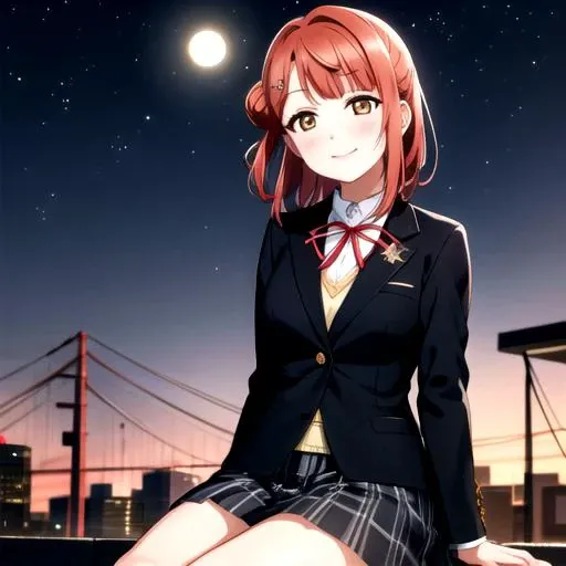 <lora:AyumuUehara-03:0.7>.LLayumu, looking at viewer, smile, skirt, shirt, hair ornament, long sleeves, bow, ribbon, medium breasts, sitting, closed mouth, school uniform, jacket, braid, pleated skirt, outdoors, sky, hairclip, collared shirt, blunt bangs, hair bun, orange hair, red bow, tree, black jacket, plaid, neck ribbon, night, plaid skirt, moon, single hair bun, blazer, white skirt, building, star (sky), night sky, full moon, grey skirt, starry sky, winter uniform, single side bun, braided bun, nijigasaki academy school uniform