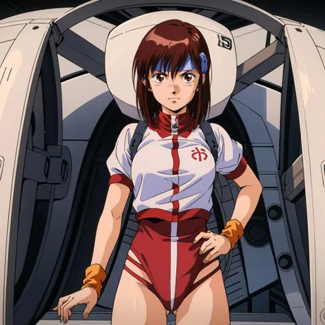 masterpiece,best quality,solo,
<lora:norikotakaya001:0.7>,
norikotakaya,1girl,
medium hair,brown hair,brown eyes,
headband,
short sleeves,leotard under clothes,
wristband,
cockpit,machine,restraint,