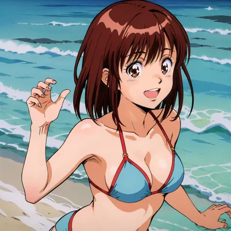 masterpiece,best quality,solo,
<lora:norikotakaya001:0.7>,looking at viewer,smile,open mouth,
norikotakaya,1girl,
medium hair,brown hair,brown eyes,ocean,
bikini,