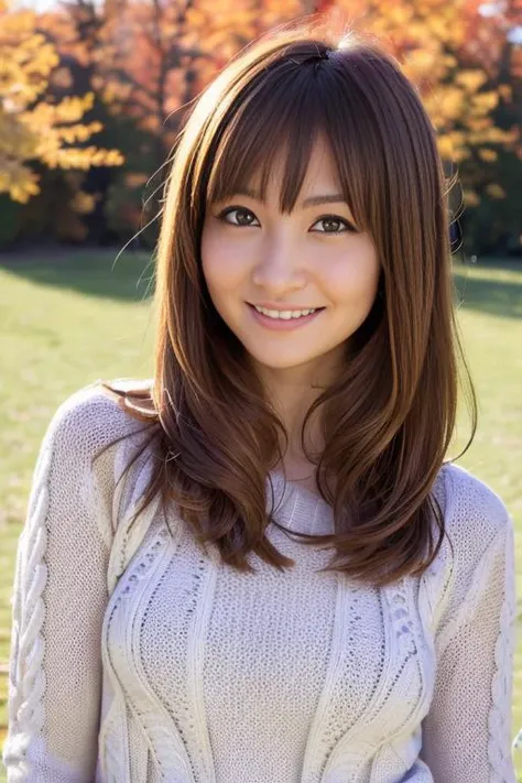 1girl,(wearing a sweater:1.4),(RAW photo, best quality), (realistic, photo-realistic:1.4), masterpiece, an extremely delicate and beautiful, extremely detailed, 2k wallpaper, Amazing, finely detail, extremely detailed CG unity 8k wallpaper, ultra-detailed, highres, soft light, beautiful detailed girl, extremely detailed eyes and face, beautiful detailed nose, beautiful detailed eyes,cinematic lighting,autumn scenery,perfect anatomy,slender body,smiling,(hair with bangs) <lora:kiguchiaya_lora:0.8>