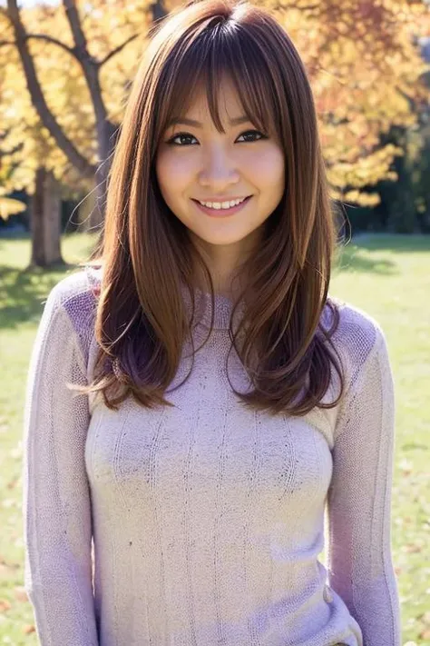 1girl,(wearing a sweater:1.4),(RAW photo, best quality), (realistic, photo-realistic:1.4), masterpiece, an extremely delicate and beautiful, extremely detailed, 2k wallpaper, Amazing, finely detail, extremely detailed CG unity 8k wallpaper, ultra-detailed, highres, soft light, beautiful detailed girl, extremely detailed eyes and face, beautiful detailed nose, beautiful detailed eyes,cinematic lighting,autumn scenery,perfect anatomy,slender body,smiling,(hair with bangs) <lora:kiguchiaya_lora:0.8>