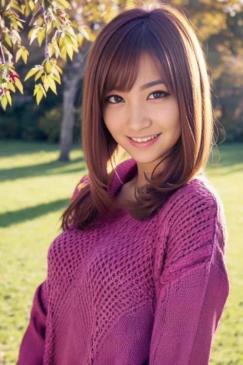 1girl,(wearing a sweater:1.4),(RAW photo, best quality), (realistic, photo-realistic:1.4), masterpiece, an extremely delicate and beautiful, extremely detailed, 2k wallpaper, Amazing, finely detail, extremely detailed CG unity 8k wallpaper, ultra-detailed, highres, soft light, beautiful detailed girl, extremely detailed eyes and face, beautiful detailed nose, beautiful detailed eyes,cinematic lighting,autumn scenery,perfect anatomy,slender body,smiling,(hair with bangs) <lora:kiguchiaya_lora:0.8>
