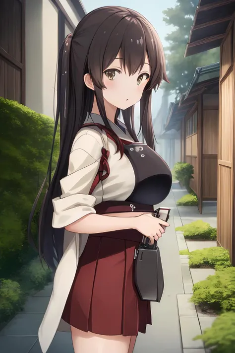 iks_akagi, 1girl, masterpiece, best quality, delicate details, refined rendering, solo, looking at viewer, japanese building, courtyard, outdoors,
<lora:AkagiKancolle_V10:0.8>,