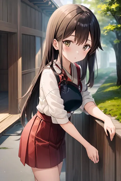 iks_akagi, 1girl, masterpiece, best quality, delicate details, refined rendering, solo, looking at viewer, japanese building, courtyard, outdoors,
<lora:AkagiKancolle_V10:0.8>,