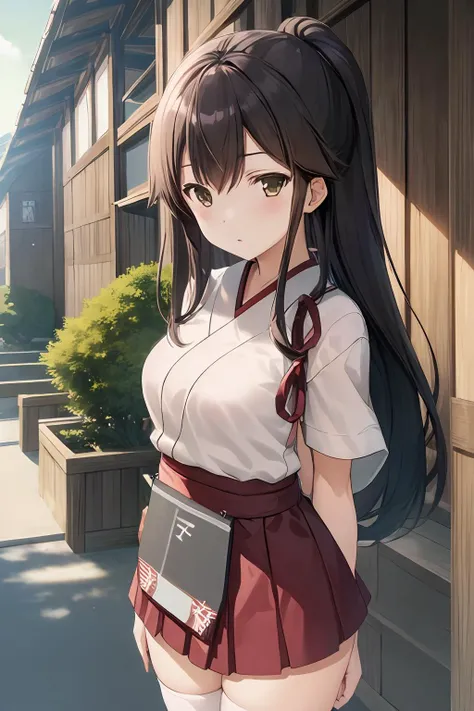 iks_akagi, 1girl, white_legwear, masterpiece, best quality, delicate details, refined rendering, solo, looking at viewer, japanese building, courtyard, outdoors,
<lora:AkagiKancolle_V10:0.8>,